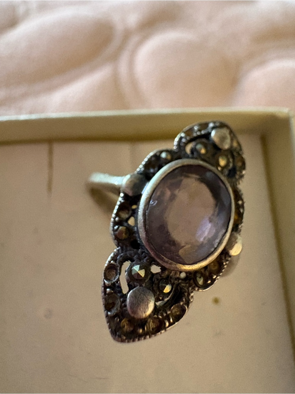 Amethyst Glass Cabochon Silver-Tone Filigree Ring
